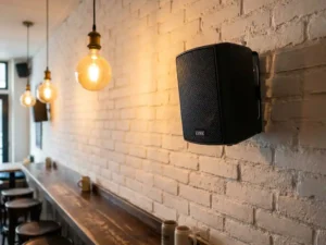 Compacte zwarte LYNX passieve speaker op witte bakstenen muur in een Nederlands café, warm amberkleurig hanglamplicht op de achtergrond.