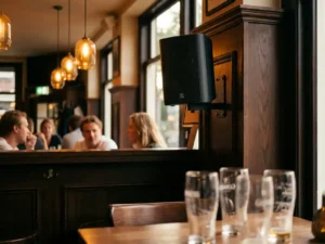 Zwarte LYNX passieve speaker op wandbeugel in een Hollands café met amberkleurige hanglampen en donker houten bar.