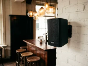 Compacte zwarte LYNX passieve speaker op witte bakstenen muur in Nederlands café, warme sfeerverlichting en houten barkrukken op achtergrond.