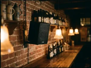 Compacte zwarte LYNX passieve speaker op wandbeugel in Nederlands café met bakstenen muur en warme amber verlichting.