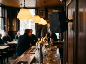 Zwarte LYNX passieve speaker op wandbeugel in een sfeervolle Nederlandse kroeg met houten bar en warme amber hanglampen.