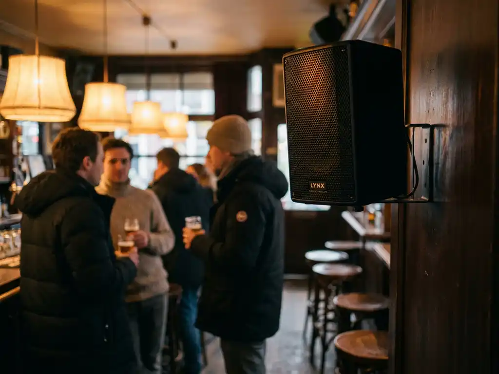 Compacte zwarte LYNX passieve speaker op wandbeugel in een Nederlandstalig café met houten barkrukken en warme hanglampen op de achtergrond.