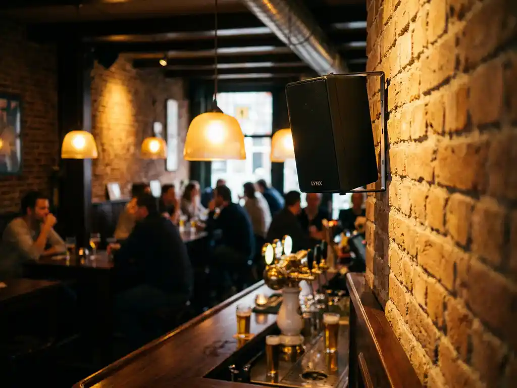 Matte zwarte LYNX passieve speaker op wandbeugel in bruine kroeg met houten bar, biertaps en warme amber verlichting.