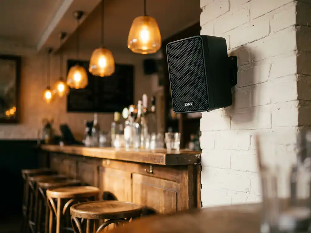 LYNX passieve luidspreker in mat zwart gemonteerd op witte bakstenen muur in Nederlands café met warme amber sfeerverlichting.