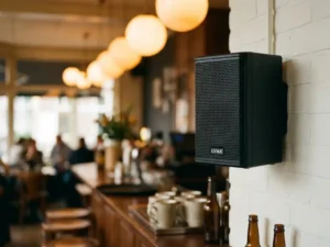 Zwarte LYNX passieve speaker op witte bakstenen muur in een Nederlands café met houten bartafel en sfeervolle amber hanglampen.