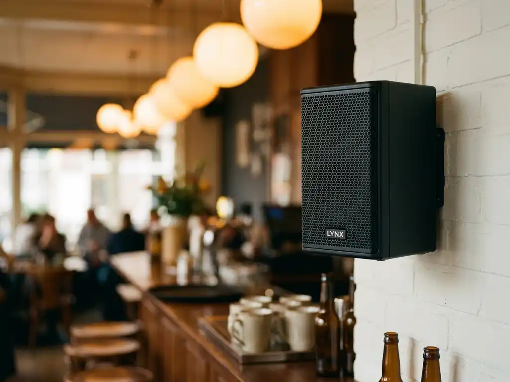 Zwarte LYNX passieve speaker op witte bakstenen muur in een Nederlands café met houten bartafel en sfeervolle amber hanglampen.