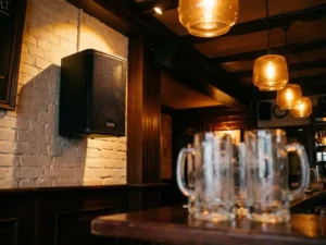 LYNX passieve speaker op witte bakstenen muur in sfeervol Nederlands café met houten bar en warme amber verlichting.