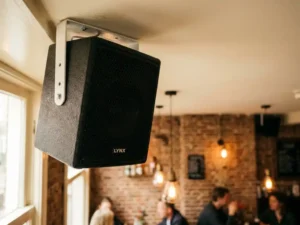 Compacte zwarte LYNX passieve speaker op witte plafondbeugel in een Nederlands café met bakstenen muur en hanglampen op de achtergrond.