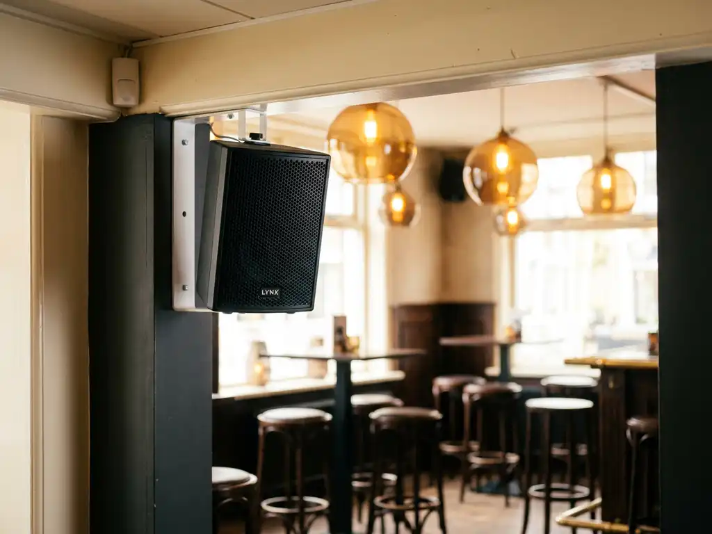 LYNX passieve speaker op wit plafondbeugel in een Nederlands café met houten barkrukken en amberkleurige hanglampen op de achtergrond.