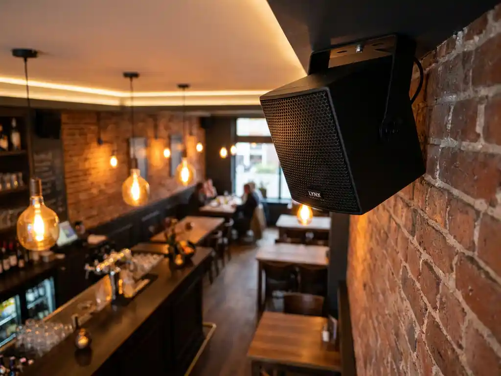 Zwarte LYNX passieve luidspreker op plafondbeugel in Nederlands café met bakstenen muur en warme amberkleurige sfeerverlichting.