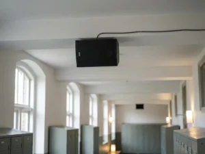 Zwarte LYNX passieve luidspreker flush gemonteerd op plafond van Nederlandse schoolgang met kluisjes en daglicht.