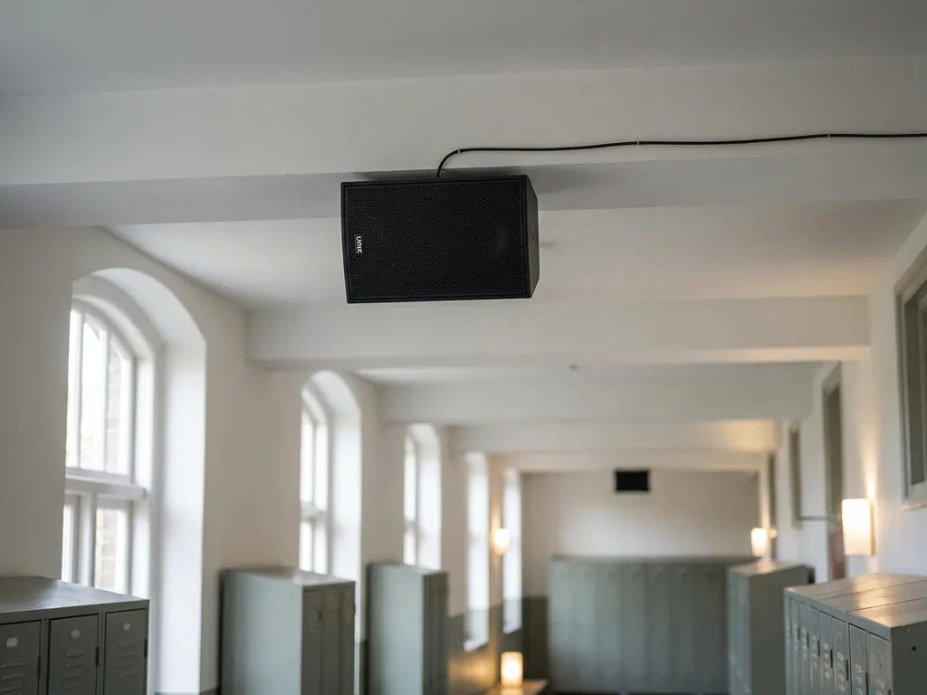 Zwarte LYNX passieve luidspreker flush gemonteerd op plafond van Nederlandse schoolgang met kluisjes en daglicht.