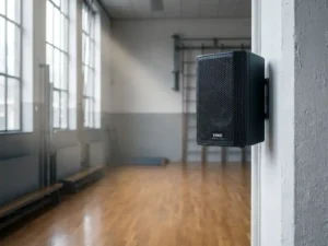 Zwarte LYNX passieve luidspreker op witte betonnen muur in Nederlandse schoolgymnastiekzaal met houten vloer en industriële ramen.
