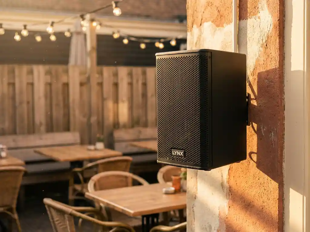 Zwarte LYNX passieve speaker op een zonnige Amsterdamse caféterras muur, warme middaglicht met zachte schaduwen op het hexagonale metalen grille.