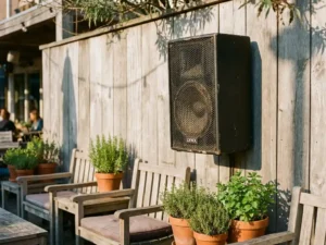 LYNX passieve speaker op verweerde houten terrasmuur van Nederlands café, omringd door teakhouten meubels en kruiden in warm middaglicht.