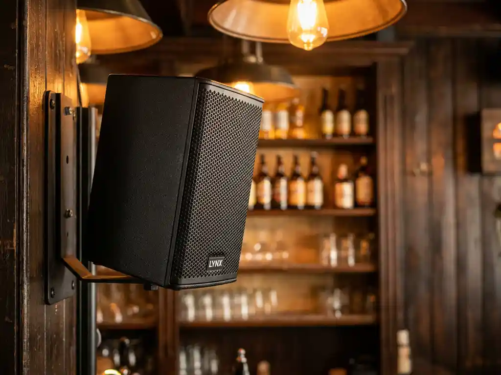 Compacte zwarte LYNX passieve speaker op wandbeugel in een sfeervolle Nederlandse café met houten bar op de achtergrond.