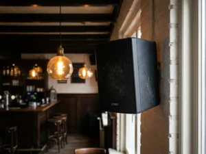 Zwarte LYNX luidspreker gemonteerd op witte bakstenen muur in bruin café met warme amberkleurige hanglampen en donkere houten bar op de achtergrond.