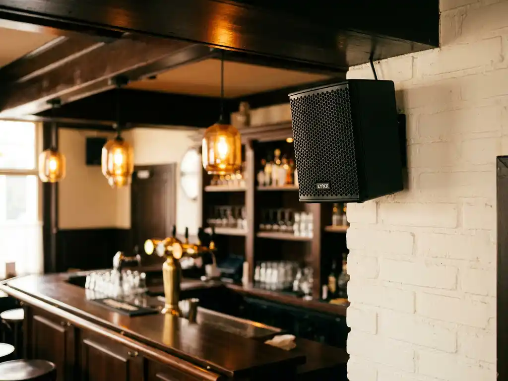 Compacte zwarte LYNX speaker met hexagonaal metalen rooster gemonteerd op witte bakstenen muur in een gezellig bruin café.