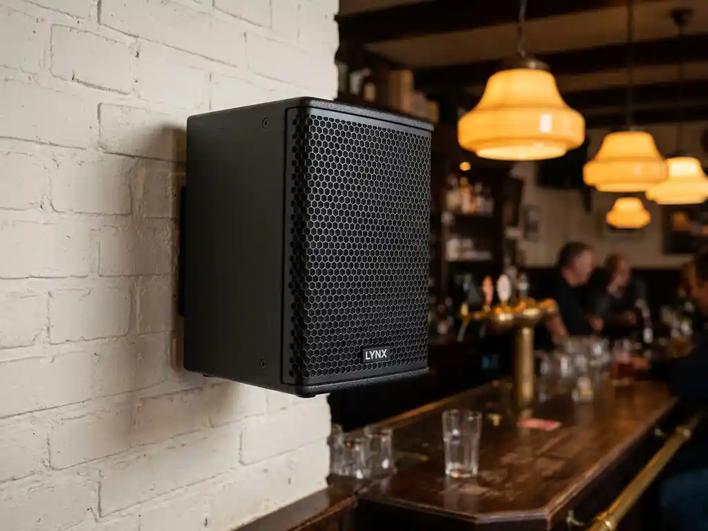 Compacte zwarte LYNX luidspreker met hexagonaal metalen rooster gemonteerd op witte bakstenen muur in bruin café met warme amber hanglampen.