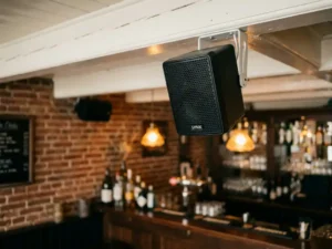 Zwarte LYNX speaker op witte plafondbeugel in een gezellig Nederlands café met bakstenen muur en houten bar.