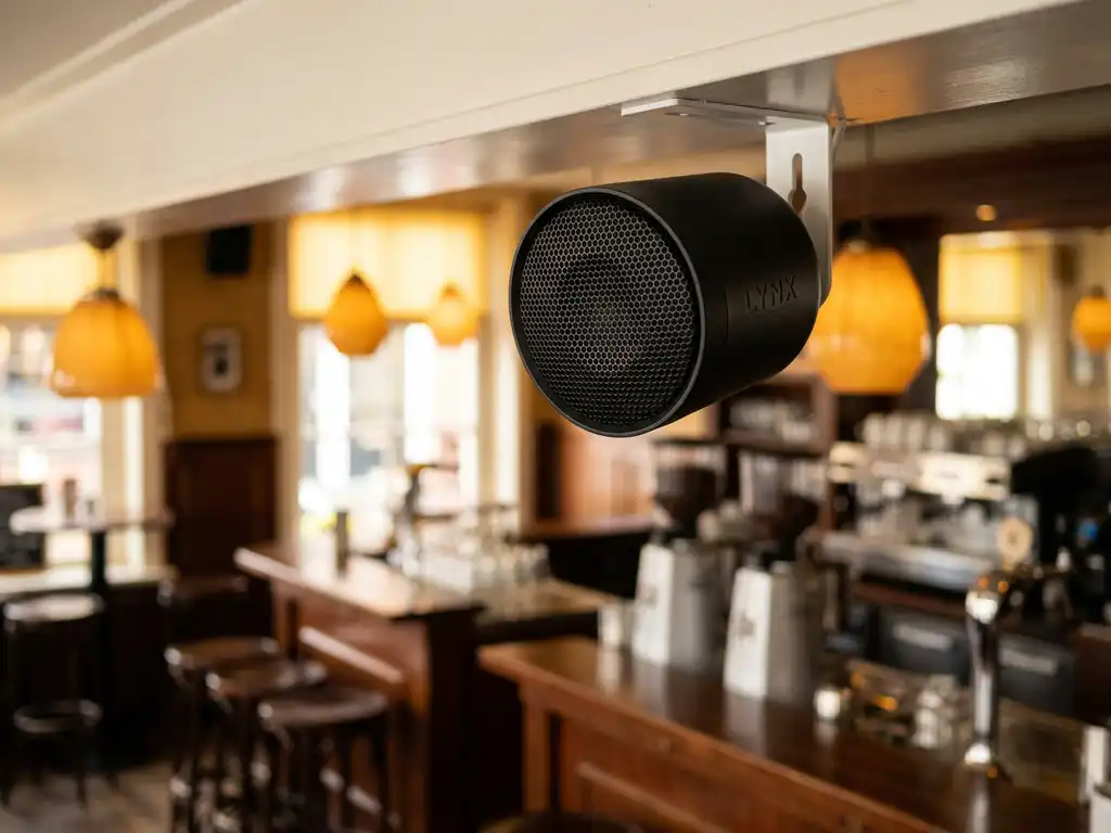 Matte zwarte LYNX speaker op witte plafondbeugel in een gezellig Nederlands café met houten barkrukken en amber hanglampen op de achtergrond.