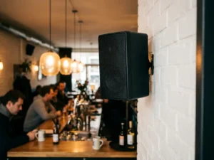 Compacte matte zwarte speaker op witte bakstenen muur in een Nederlandsch café met houten bar en warme amberkleurige hanglampen.