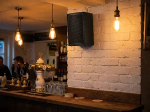 Compacte zwarte passieve luidspreker met hexagonaal metalen rooster aan witte bakstenen muur boven een Hollandse cafébalk met biertaps.