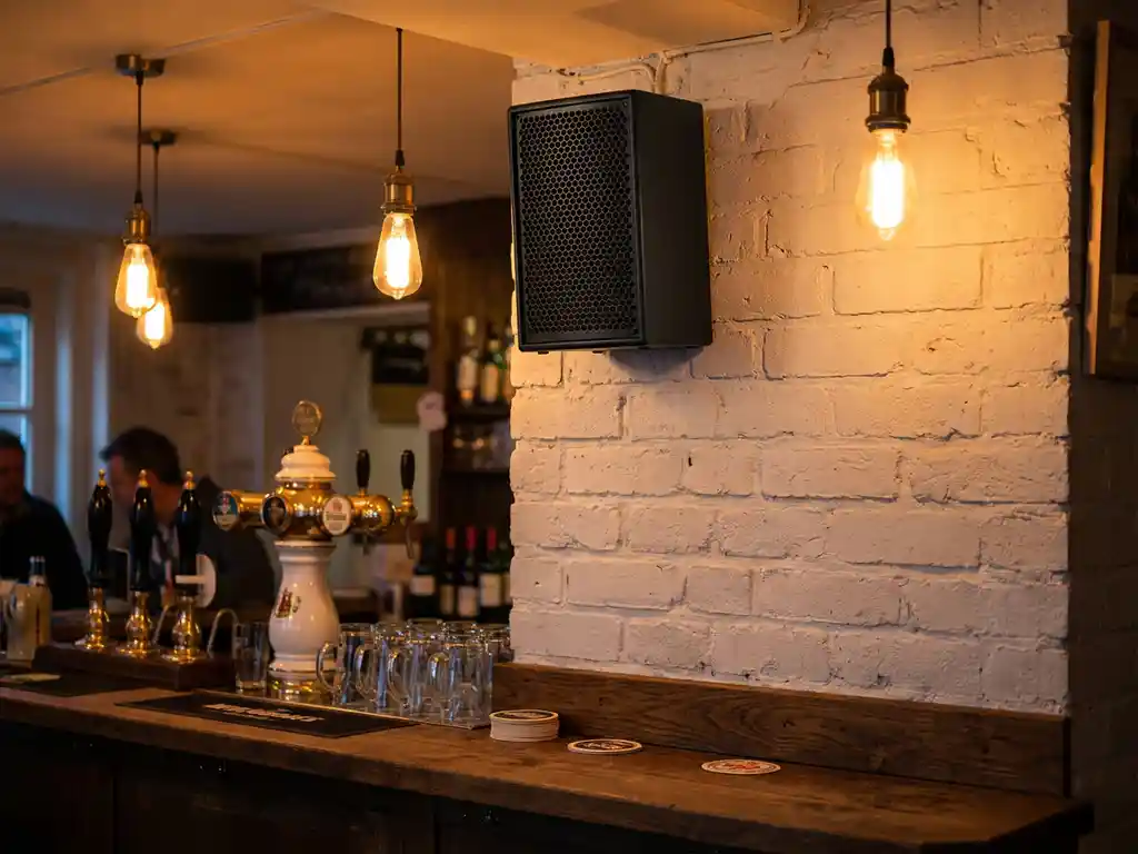 Compacte zwarte passieve luidspreker met hexagonaal metalen rooster aan witte bakstenen muur boven een Hollandse cafébalk met biertaps.