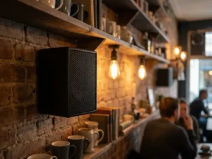 Compacte zwarte passieve speaker met hexagonaal metalen rooster aan de muur van een Nederlands café met Edison-verlichting en bakstenen muur.