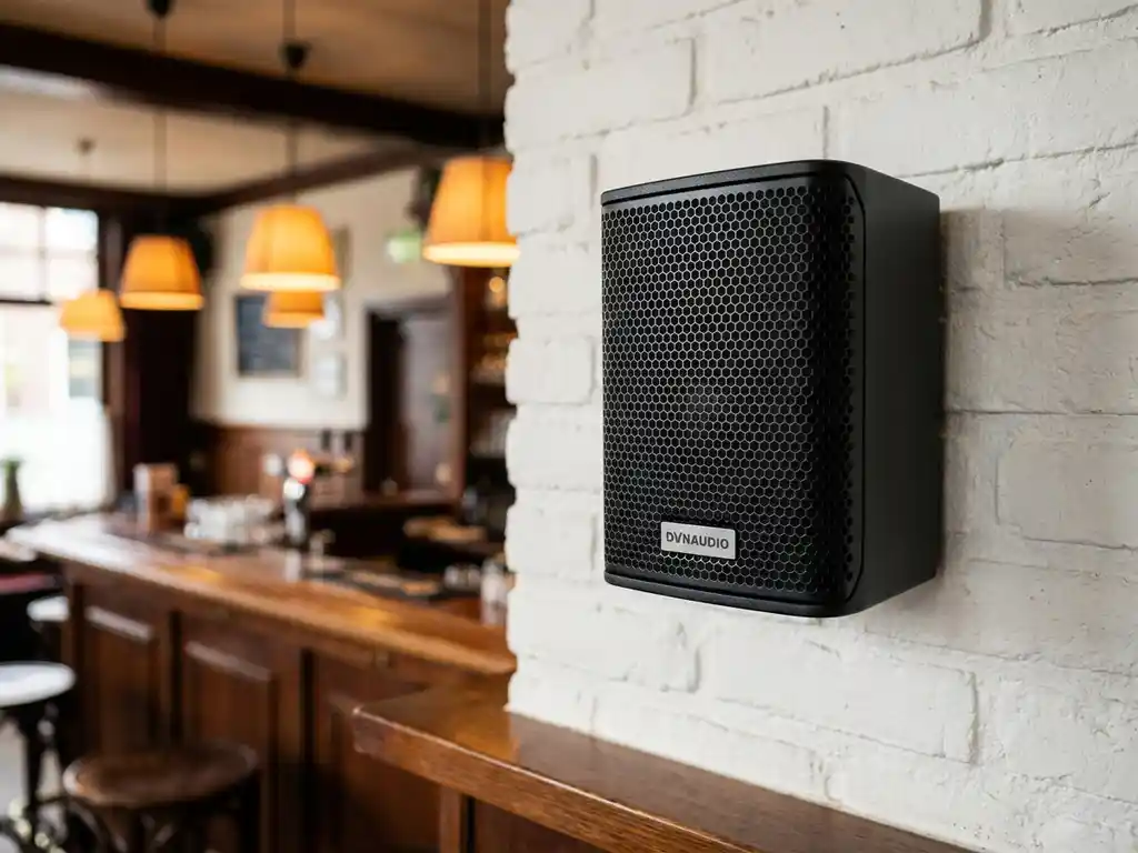 Compacte zwarte passieve speaker op witte bakstenen muur in gezellig Nederlands café met houten bar en amberkleurige hanglampen op de achtergrond.