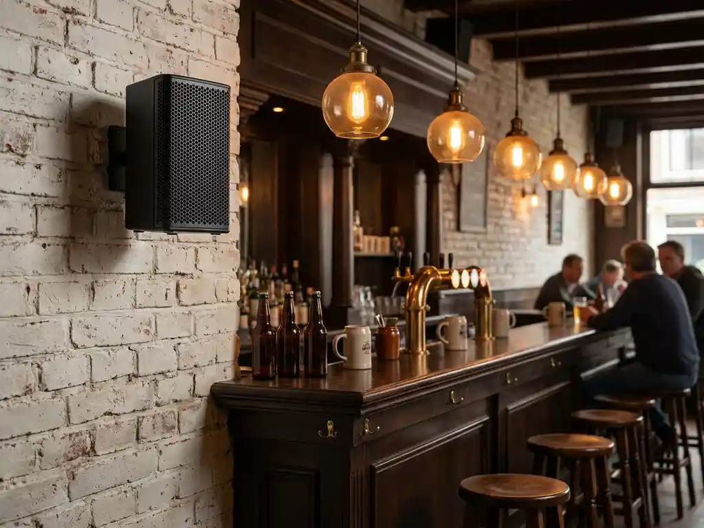 Compacte zwarte passieve speaker met hexagonale metalen grille op witte bakstenen muur in bruin Nederlands café met warme sfeerverlichting.