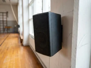 Compacte zwarte passieve luidspreker op witte betonnen muur in Nederlandse schoolgymnastiekzaal, houten sportvloer op de achtergrond.