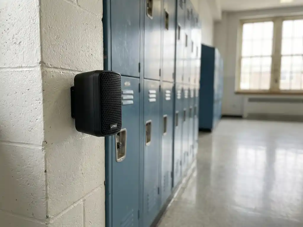 Zwarte LYNX passieve speaker op witte betonnen muur in Nederlandse schoolgang met blauwe kluisjes op de achtergrond.
