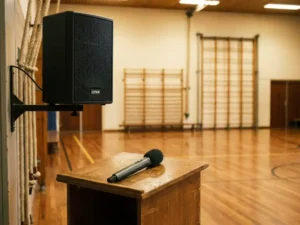 Zwarte LYNX passieve luidspreker op wandbeugel in een Nederlandse schoolgymnastiek zaal, met houten podium en handmicrofoon op de voorgrond.