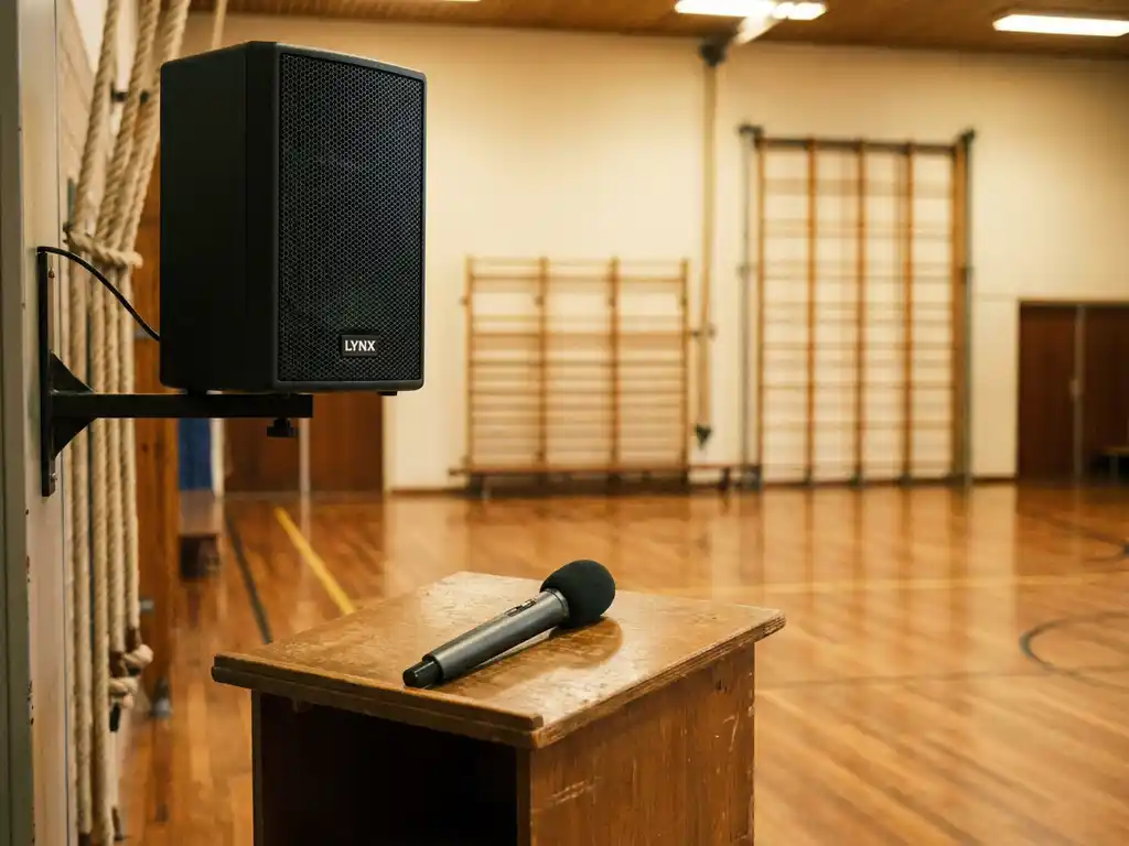 Zwarte LYNX passieve luidspreker op wandbeugel in een Nederlandse schoolgymnastiek zaal, met houten podium en handmicrofoon op de voorgrond.