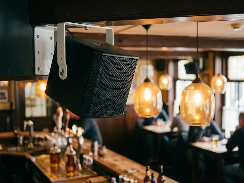 Zwarte passieve PA-luidspreker op wit plafondbeugel in een Nederlands café met houten bar en warme sfeerverlichting.