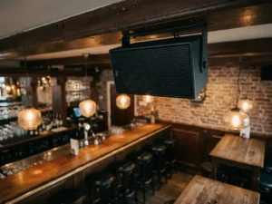 Zwarte passieve speaker met honingraatgrille gemonteerd op houten balk in bruin Nederlands café met bakstenen muur en amber sfeerverlichting.