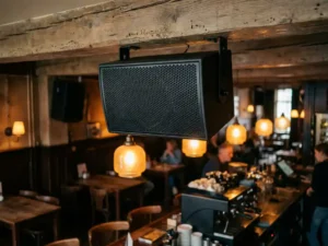 Zwarte passieve luidspreker met honingraatrooster gemonteerd op houten dakbalk in bruine kroeg, warme amber verlichting op de achtergrond.