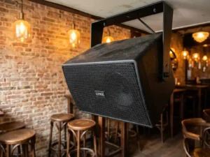 Zwarte LYNX passieve luidspreker op plafondbeugel in een Nederlands café met bakstenen muur en houten barkrukken op de achtergrond.