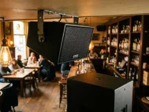 Zwarte LYNX luidspreker op plafondbeugel in bruin café, zeshoekig metalen rooster naar beneden gericht, subwoofer zichtbaar op de vloer.