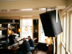 LYNX passieve speaker op wit plafondbeugel in een Nederlands café, met houten bar en warme amber hanglampen op de achtergrond.