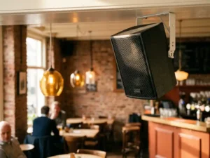 Compacte zwarte LYNX passieve speaker op witte plafondbeugel in een Nederlands café met bakstenen muur en warme sfeerverlichting.