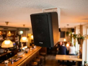 Zwarte LYNX passieve speaker op witte plafondbeugel in gezellig Nederlands café met houten bar en amberkleurige hanglampen op de achtergrond.