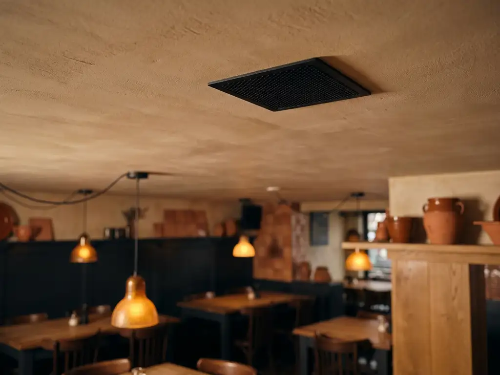 Zwarte LYNX inbouwspeaker in restaurantplafond met verborgen bedrading, warm interieur met donker hout en terracotta tinten.