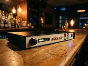 Zwarte 1U rack-mount audiolimiter met beige frontpaneel, draaiknop, spectrum analyzer en LED-meters op een eikenhouten oppervlak in een bar.