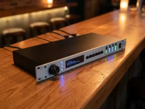 Zwarte 1U rack-mount audiolimiter met blauwe LED-meters en spectrumanalyzer, rustend op een houten barkroonbalk.