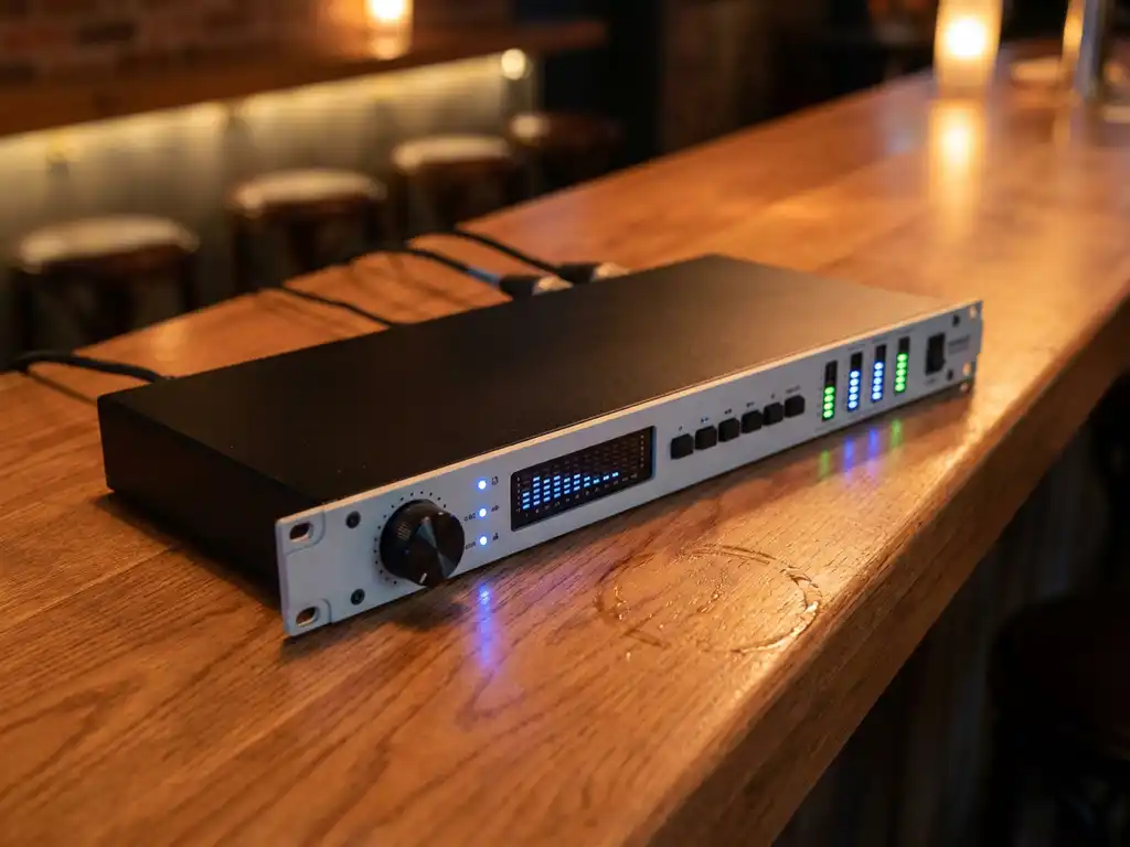 Zwarte 1U rack-mount audiolimiter met blauwe LED-meters en spectrumanalyzer, rustend op een houten barkroonbalk.