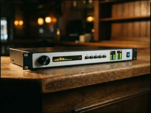 1U rack-mount audiolimiter met roterende knop, spectrumanalyzer en LED-meters op een eikenhouten oppervlak in een bar.