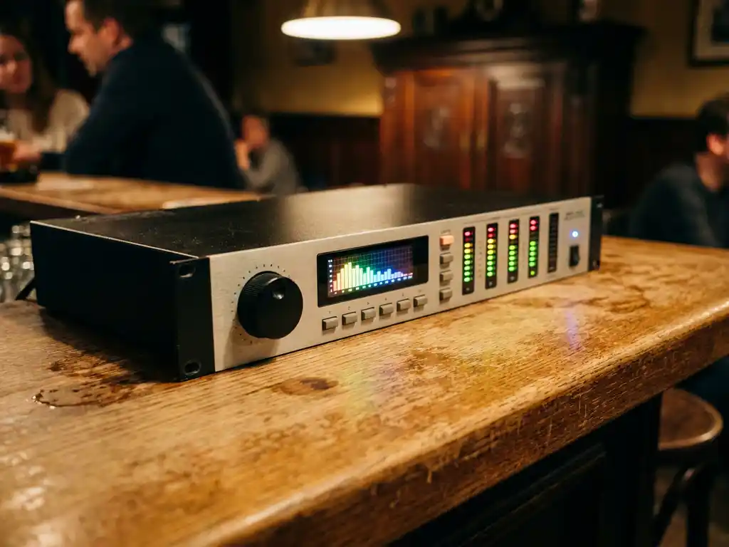 Zwarte 1U rack-mount audiolimiter met spectrum analyzer en LED-meters op een versleten eiken bartafel in een Nederlands café.