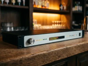 1U rack-mount audiolimiter met grote draaiknop en spectrum-analyzer, rustend op een verweerde eiken bardisk in een sfeervol café.